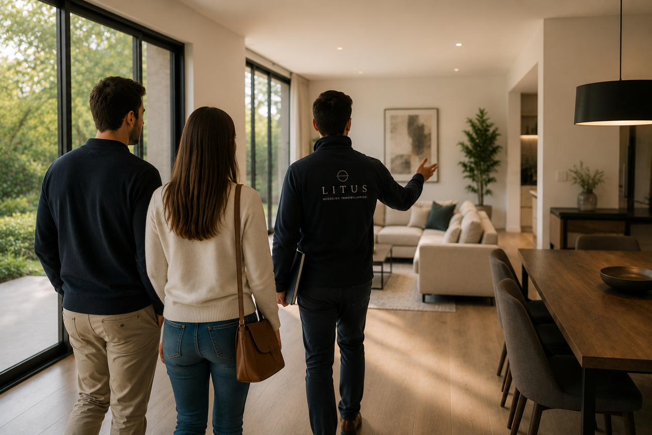 Asesor de Litus mostrando una casa a una pareja — visitas con mirada honesta