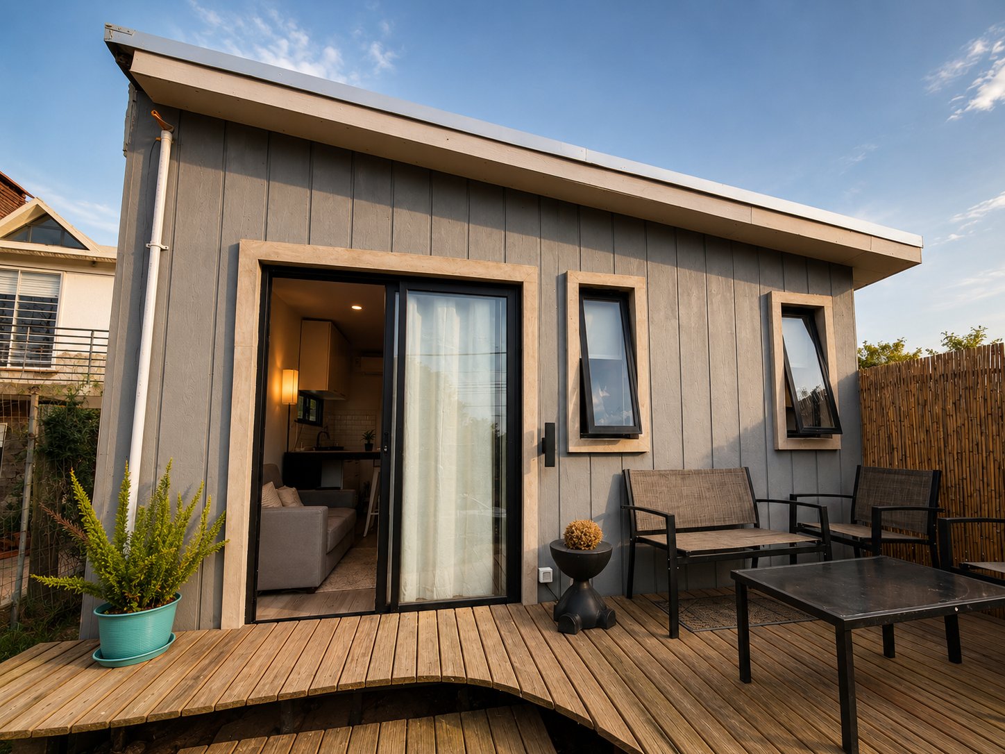 Casa en Médanos Norte — frente con deck al atardecer