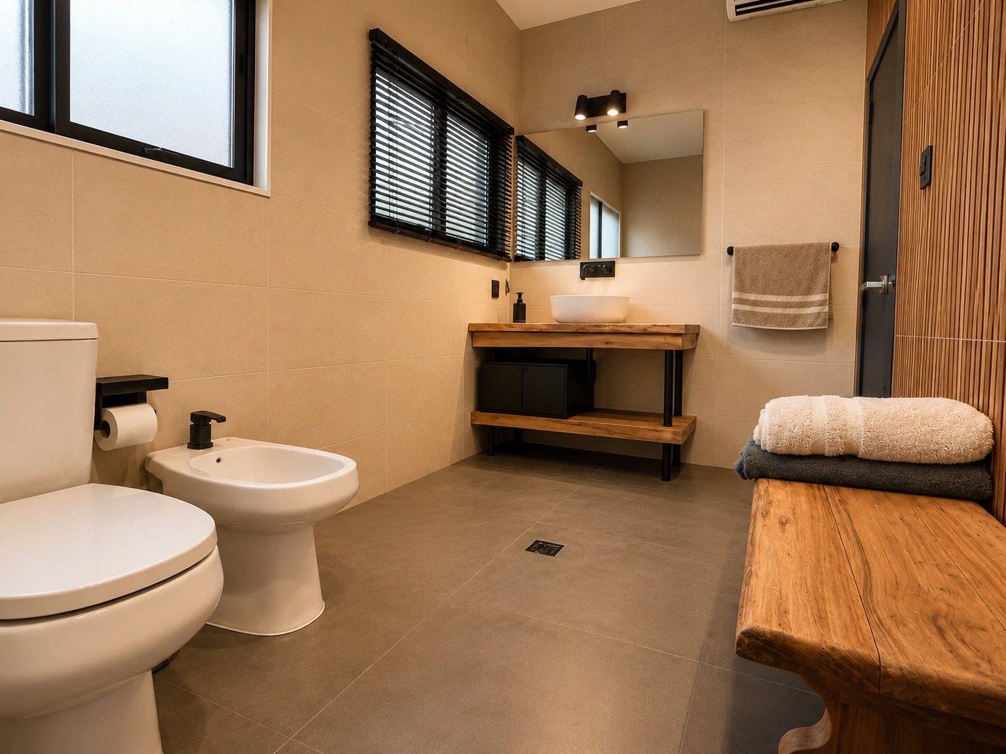 Baño con vanitory de madera, espejo y banco