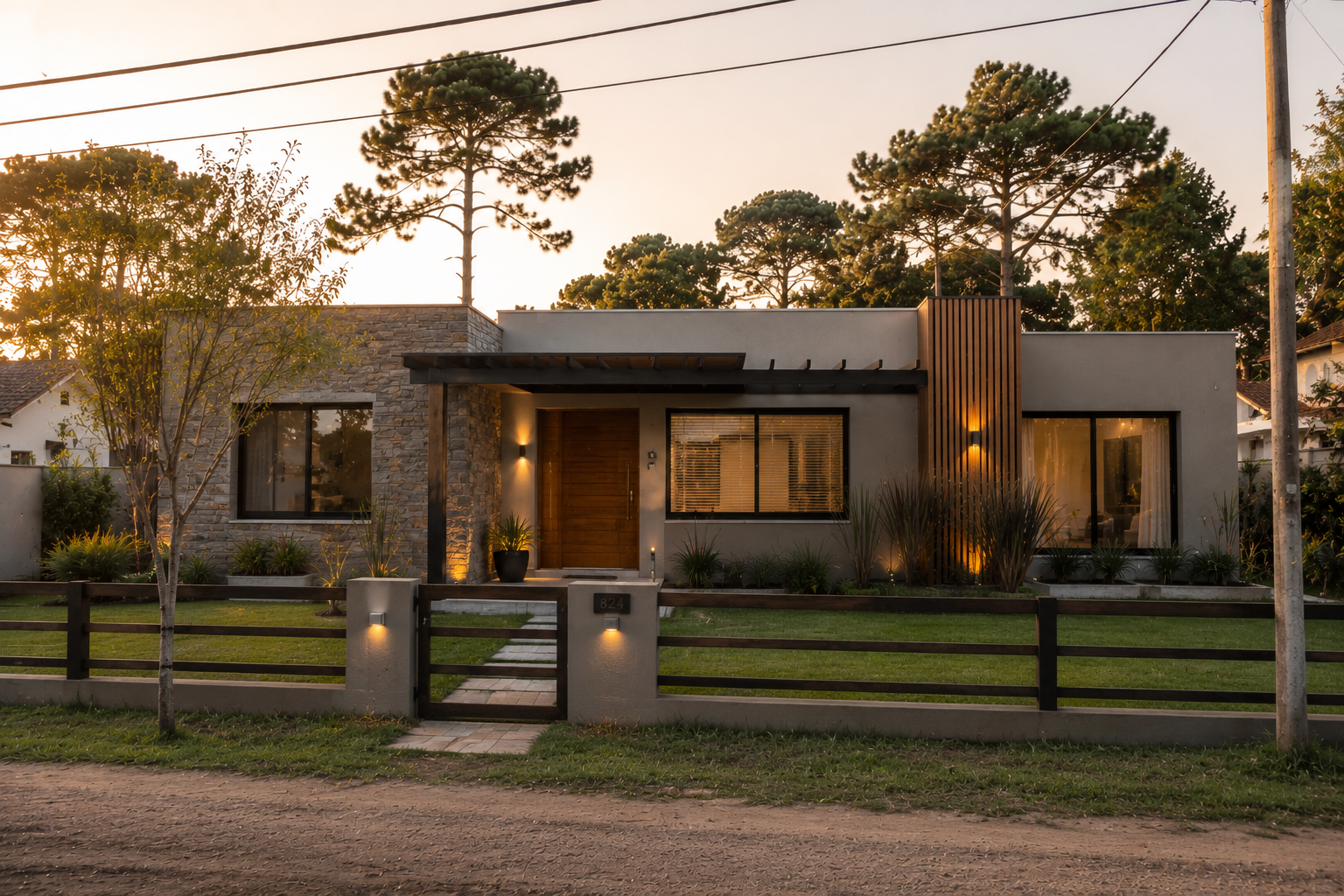 Casa moderna entre pinos al atardecer — búsqueda y compra