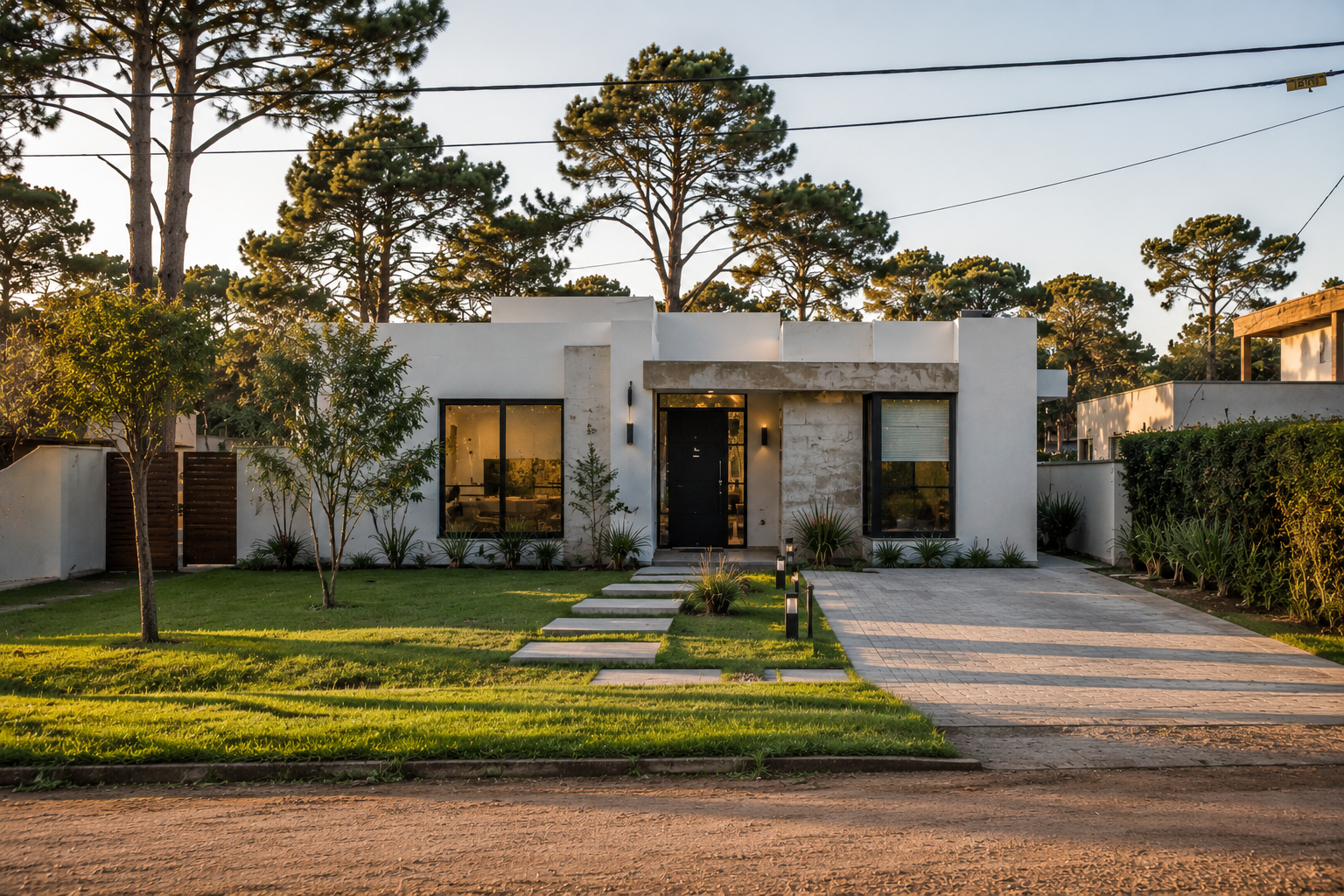 Casa iluminada al atardecer — producción Litus